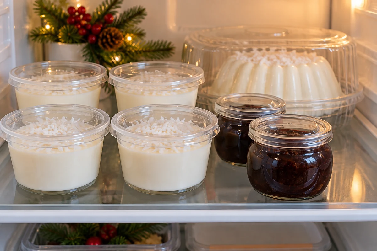 Covered coconut pudding portions in the fridge