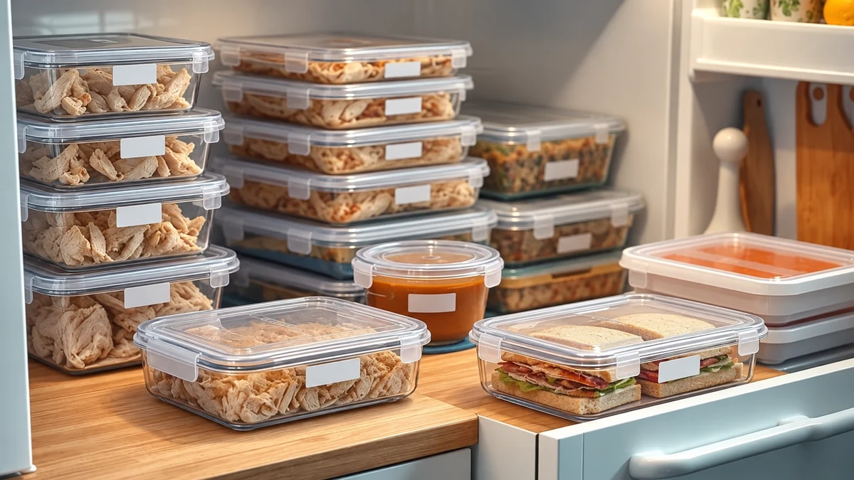 Covered containers of cooked leftovers arranged in a fridge