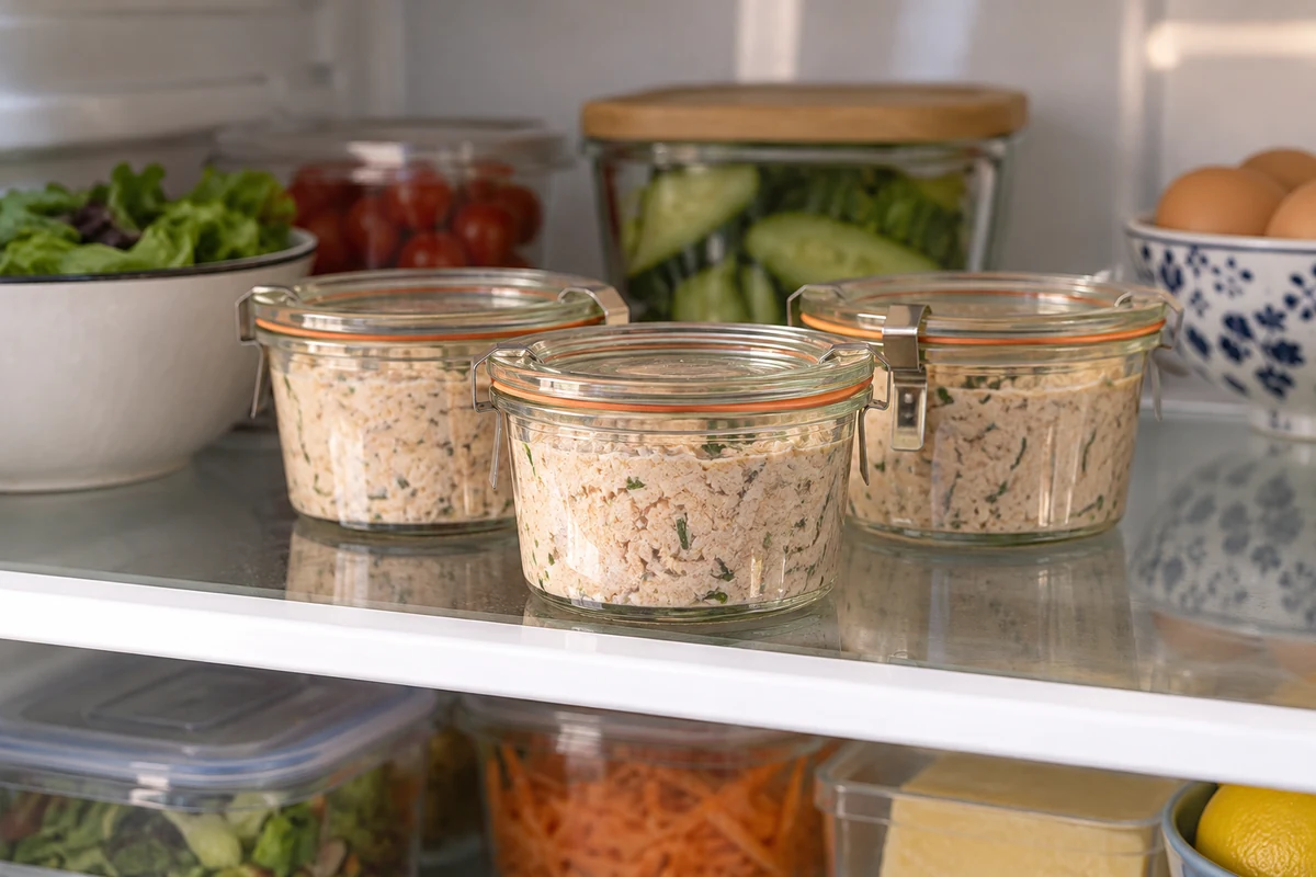 Covered containers of tuna pate on a refrigerator shelf Covered containers of tuna pate on a refrigerator shelf