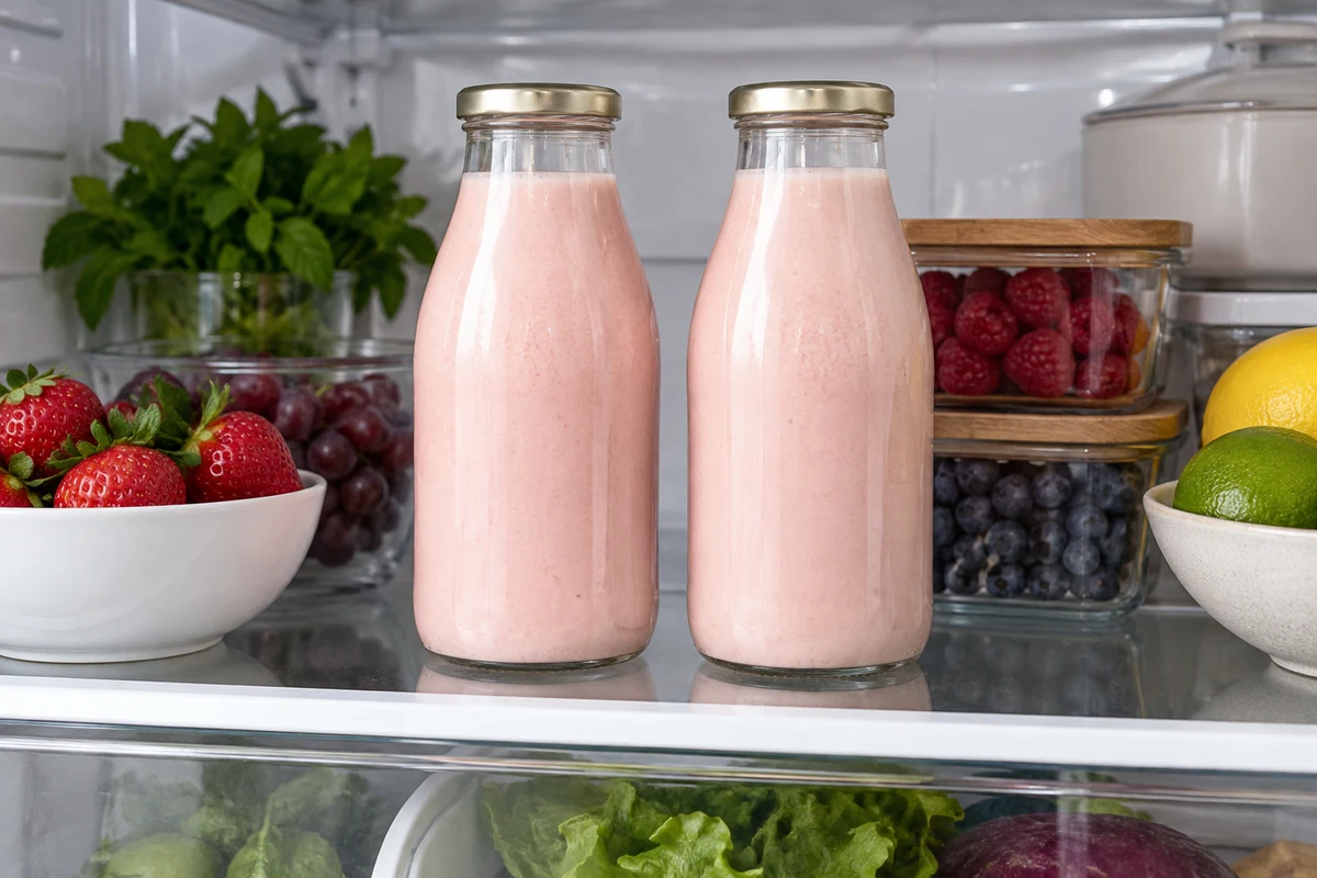 Covered creamy wine batida bottles on a refrigerator shelf