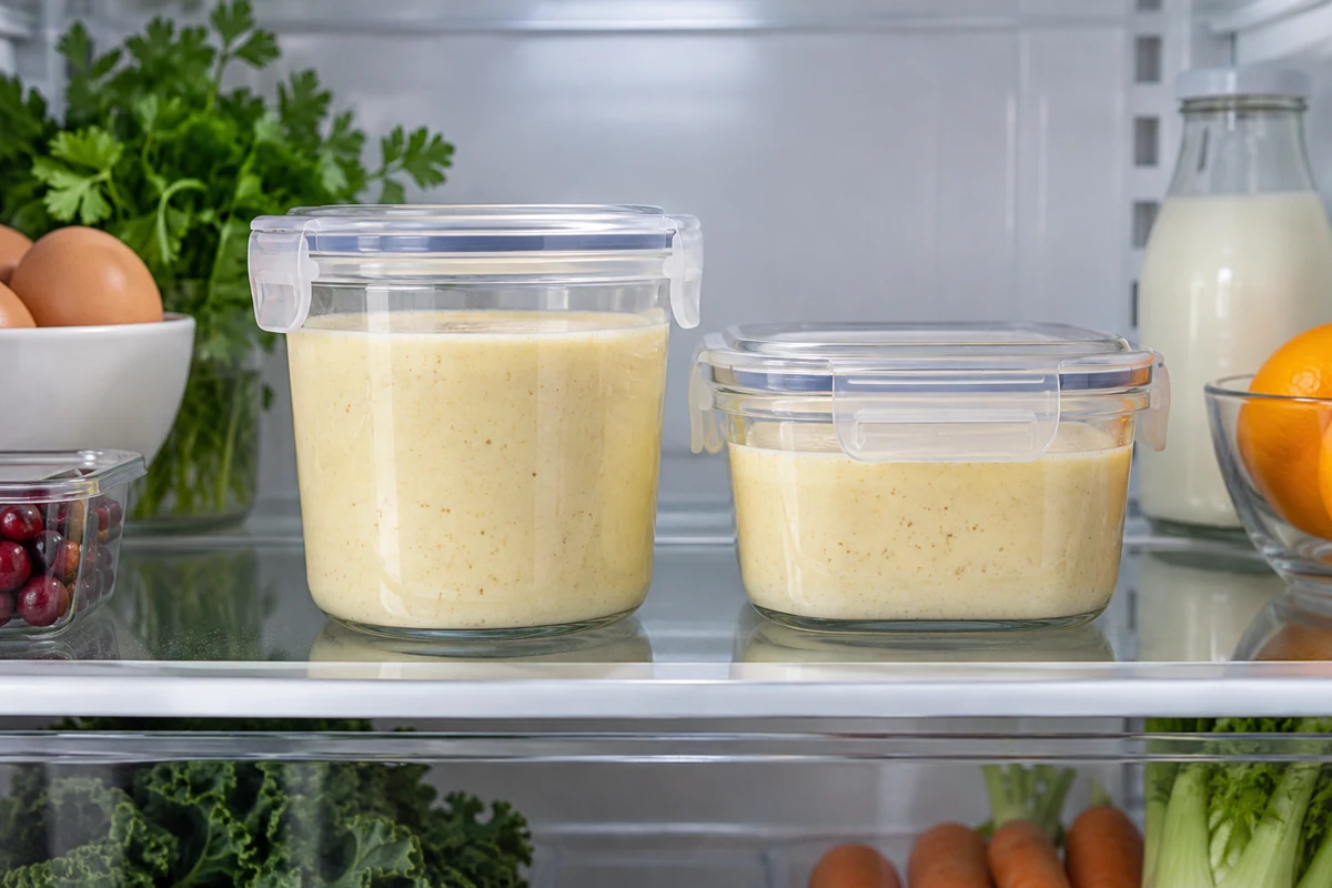 Covered eggnog in containers on a fridge shelf Covered eggnog in containers on a fridge shelf