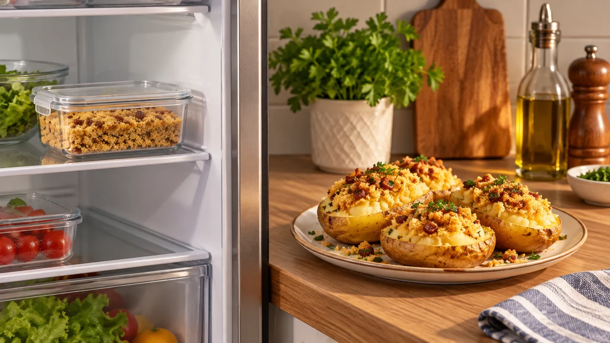 Covered farofa leftovers and baked potatoes with farofa topping