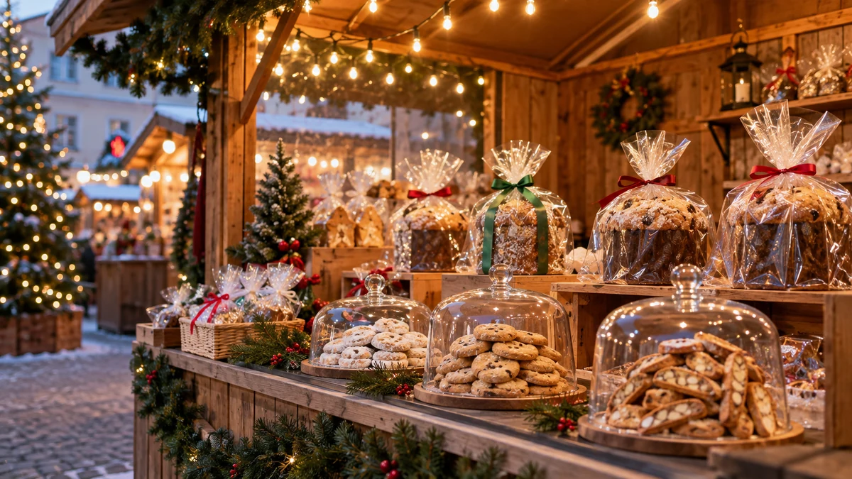 Covered festive sweets displayed on a market stall