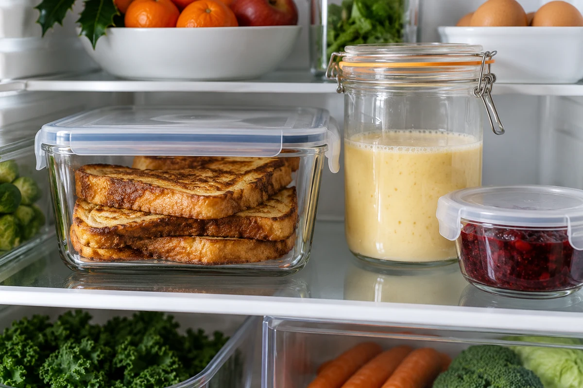 Covered French toast and ingredients stored in a refrigerator