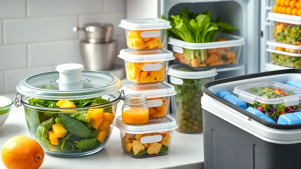 Covered fruit and salad containers ready for chilled transport Covered fruit and salad containers ready for chilled transport