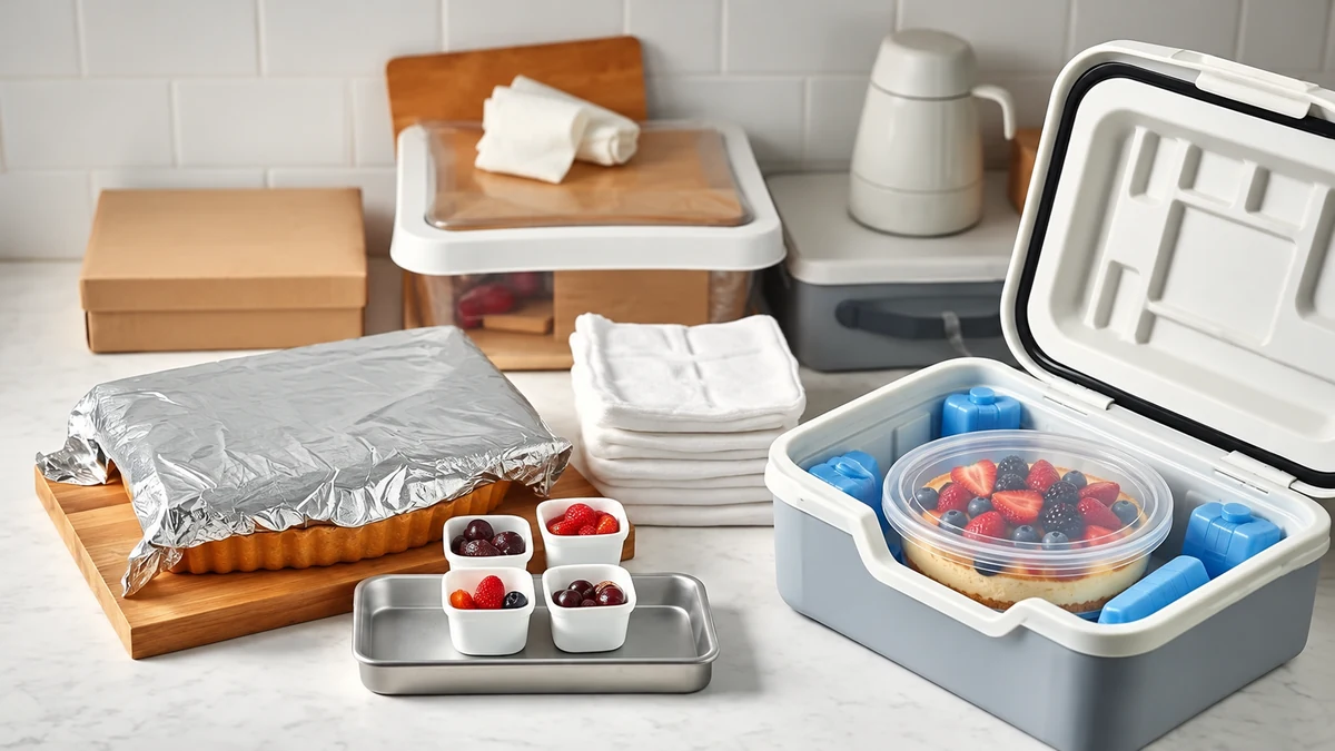Covered fruit cheesecake packed in a cool box with ice packs