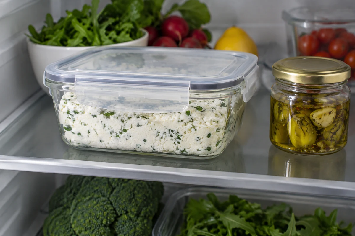 Covered herbed ricotta spread stored on a fridge shelf Covered herbed ricotta spread stored on a fridge shelf