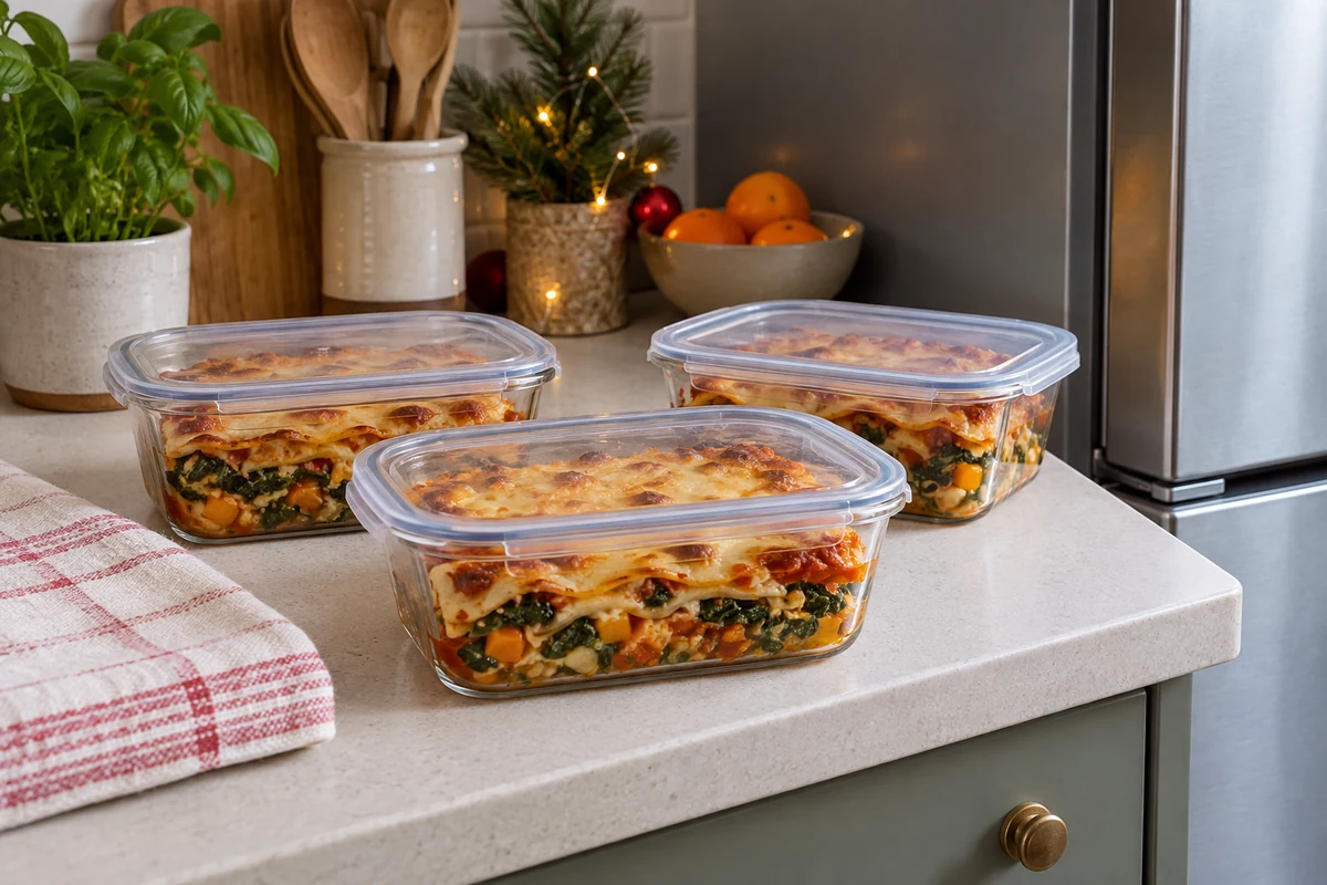 Covered lasagne portions ready for refrigeration