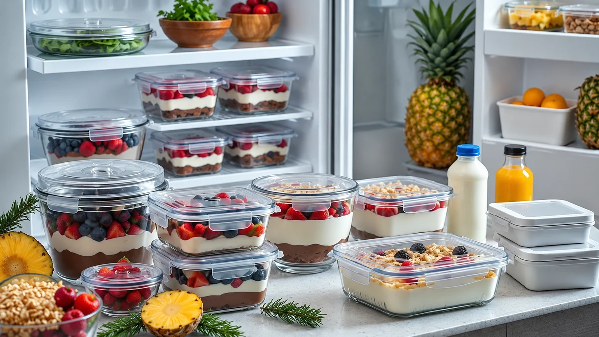 Covered layered desserts in food containers beside a refrigerator