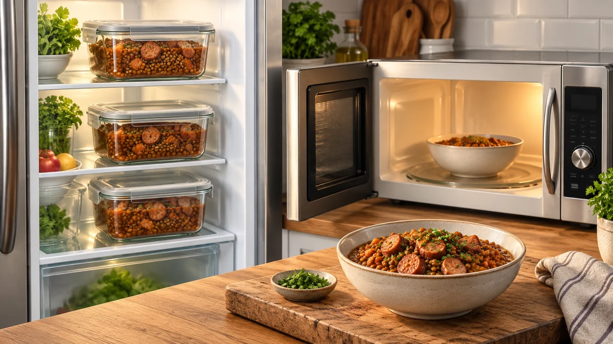 Covered lentil leftovers in a fridge and a microwave-safe bowl