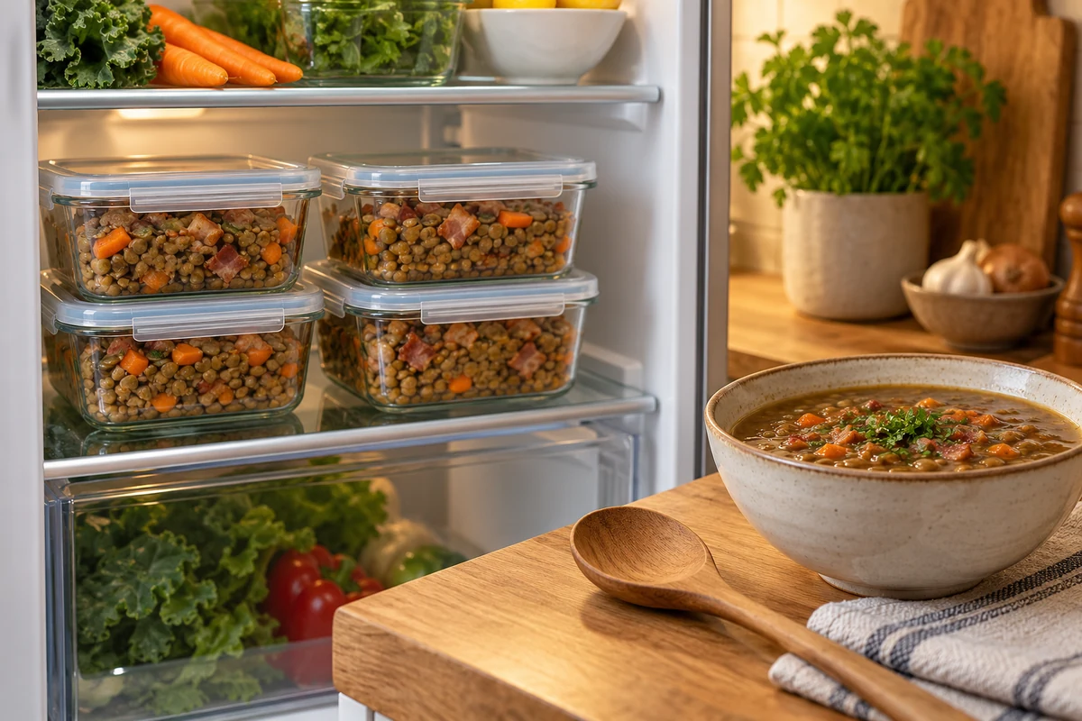Covered lentil leftovers in the fridge with a ceramic serving bowl