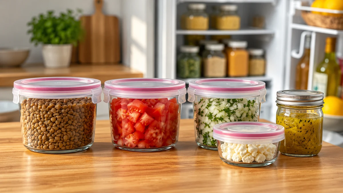 Covered lentils vegetables feta and dressing for make-ahead salad