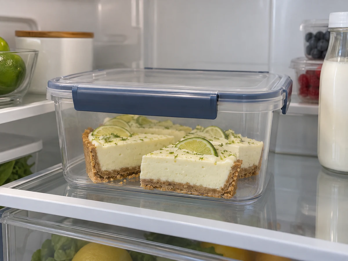 Covered lime tart portions stored in the fridge Covered lime tart portions stored in the fridge