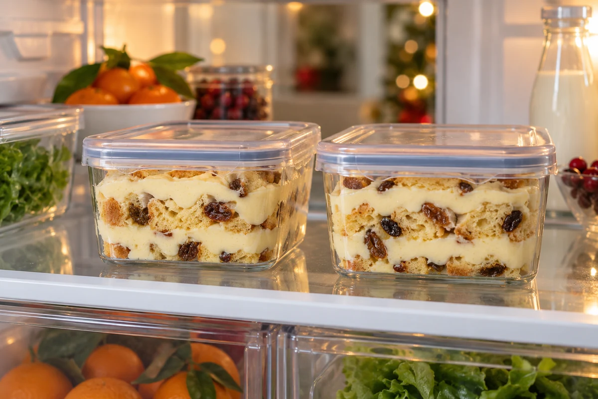 Covered panettone and vanilla cream desserts in the fridge