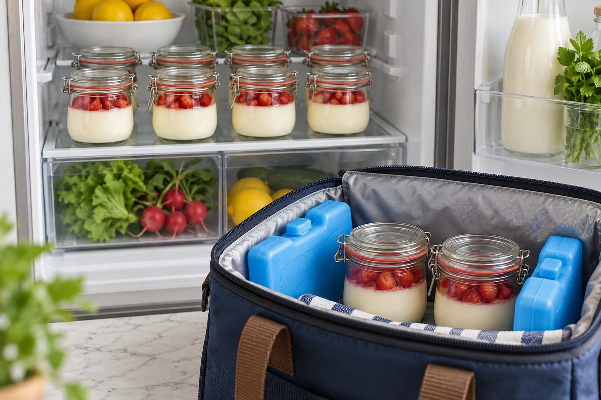 Covered panna cotta jars refrigerated beside an insulated cool bag