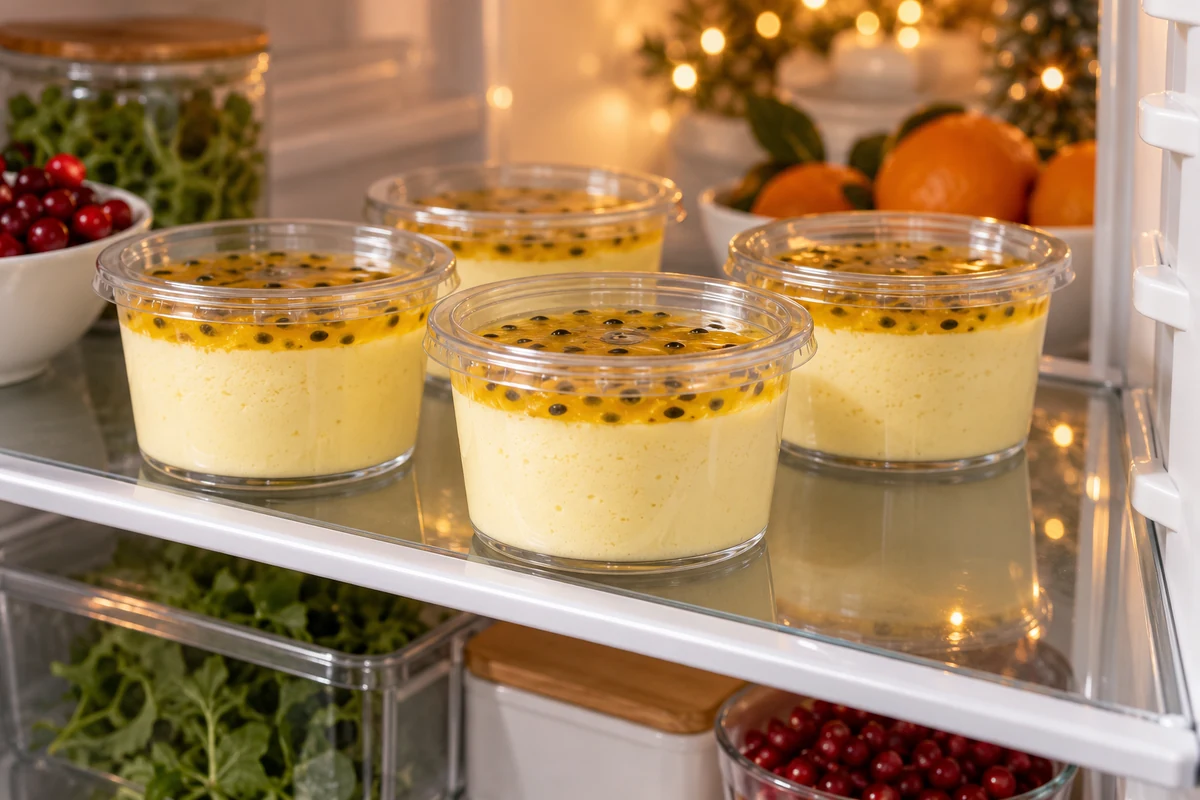 Covered passion fruit mousse portions in the fridge Covered passion fruit mousse portions in the fridge