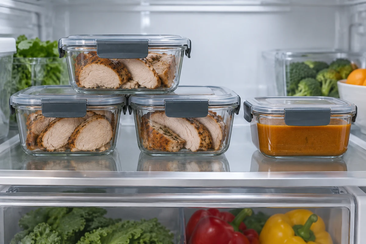 Covered portions of cooked pork loin in the fridge