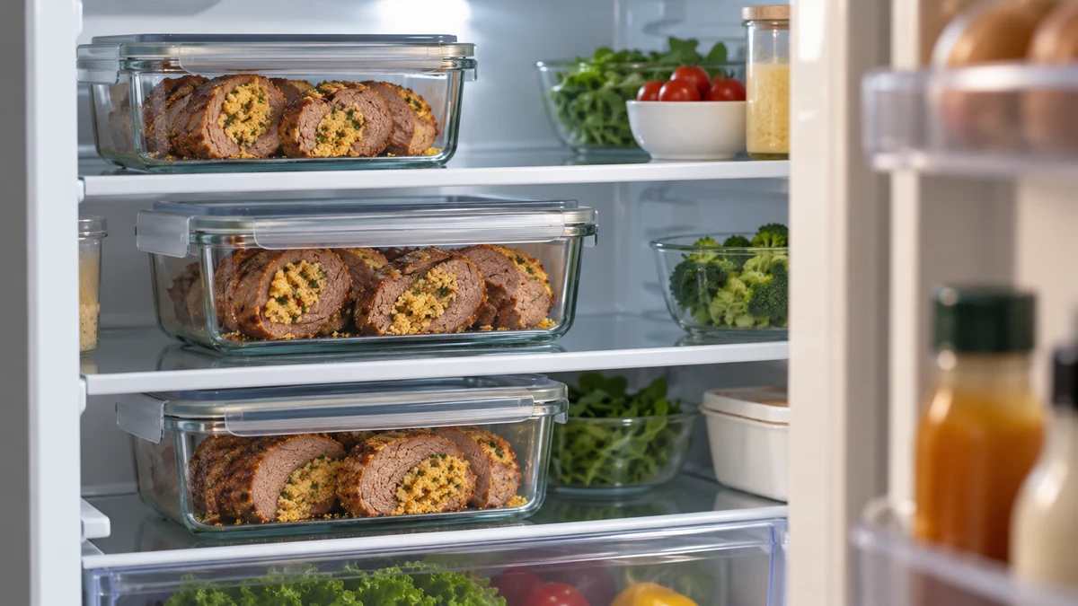 Covered portions of leftover stuffed beef in the fridge Covered portions of leftover stuffed beef in the fridge