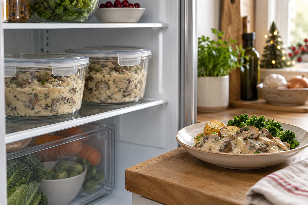 Covered portions of vegan mushroom fricassee for storage