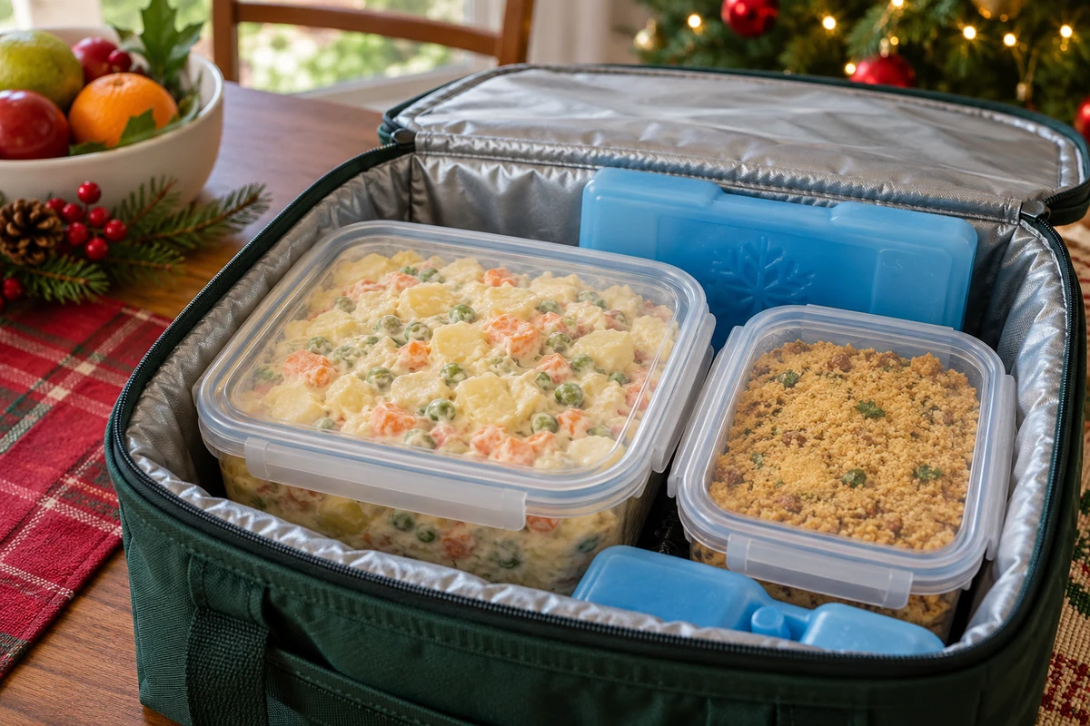 Covered potato salad packed in a cool bag with frozen ice packs
