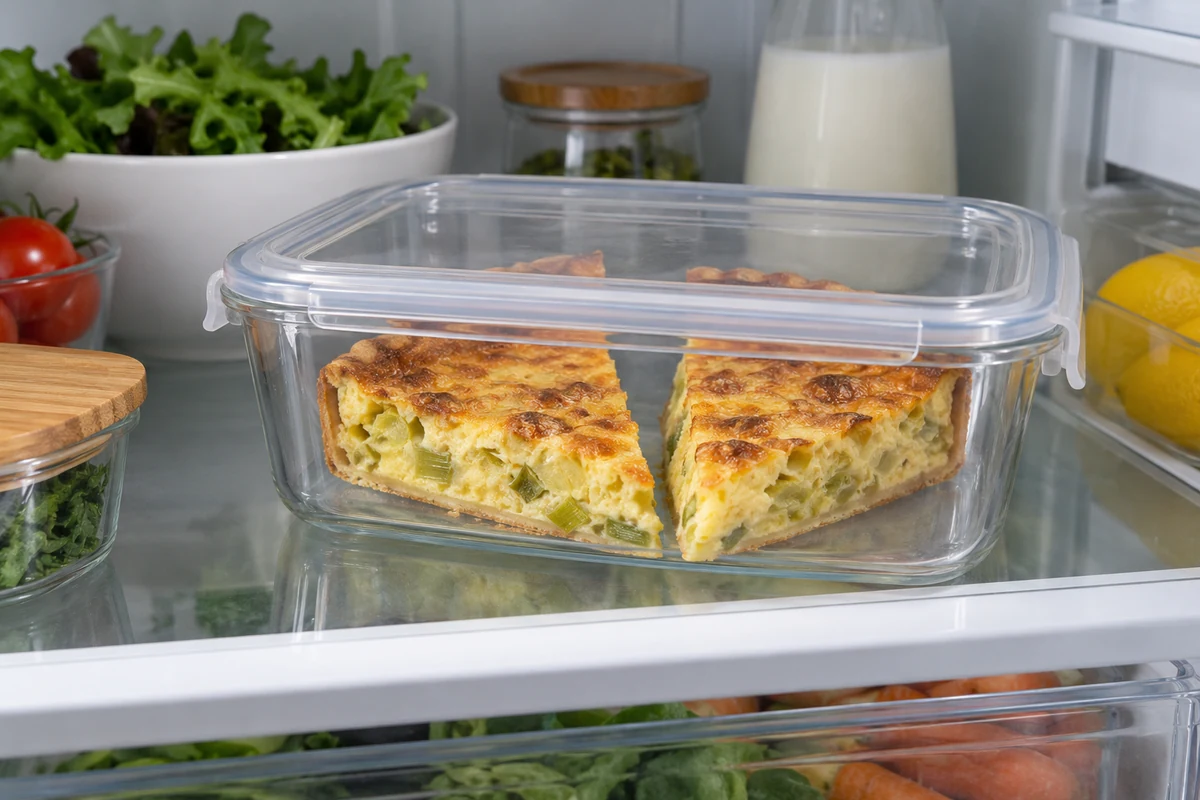 Covered quiche slices stored in the fridge