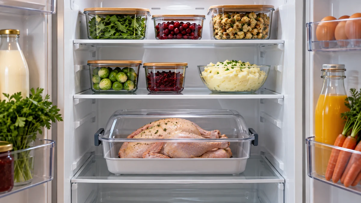 Covered raw chicken on the lowest fridge shelf