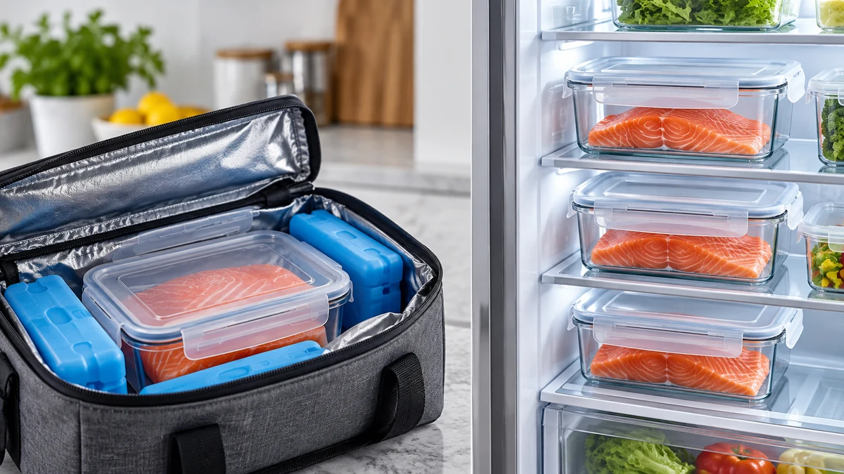 Covered salmon containers in a fridge and insulated cool bag Covered salmon containers in a fridge and insulated cool bag