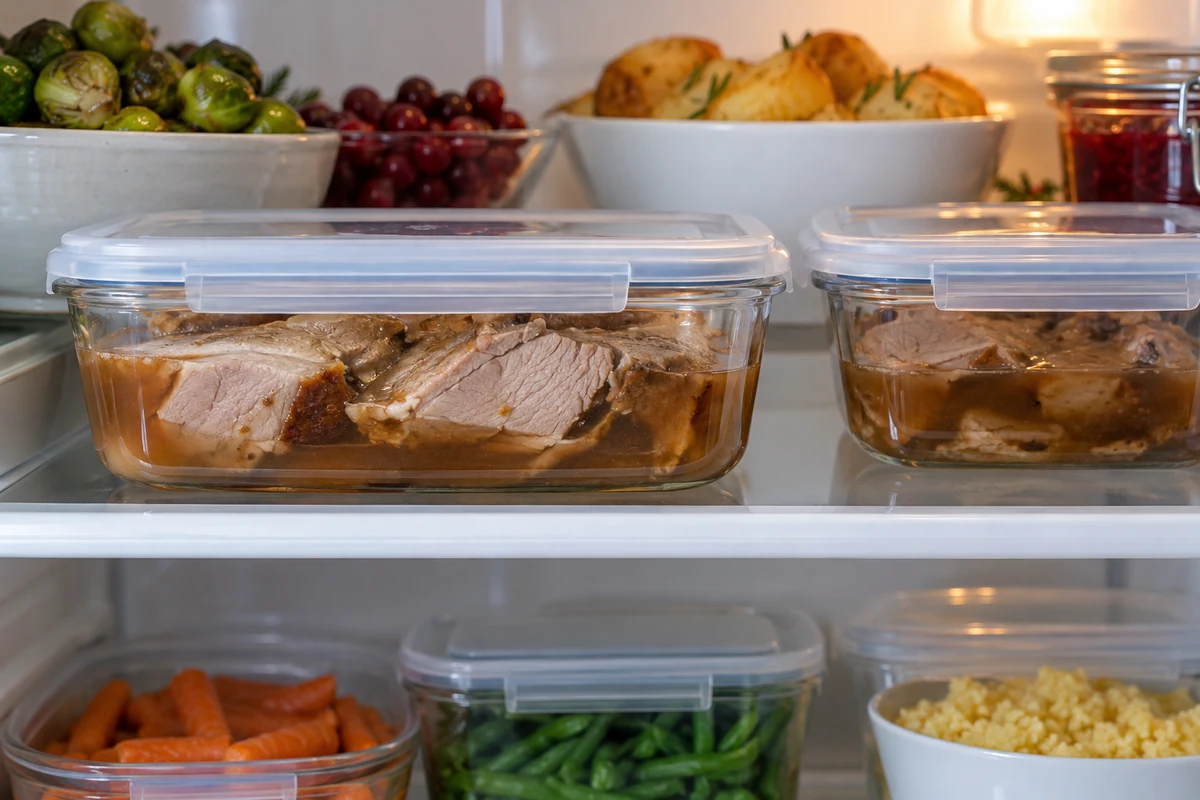 Covered shallow containers of cooked pork and gravy in a clean refrigerator
