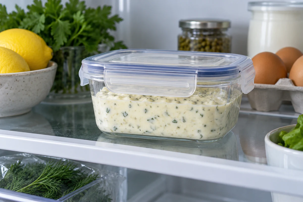 Covered tartare sauce stored in the fridge