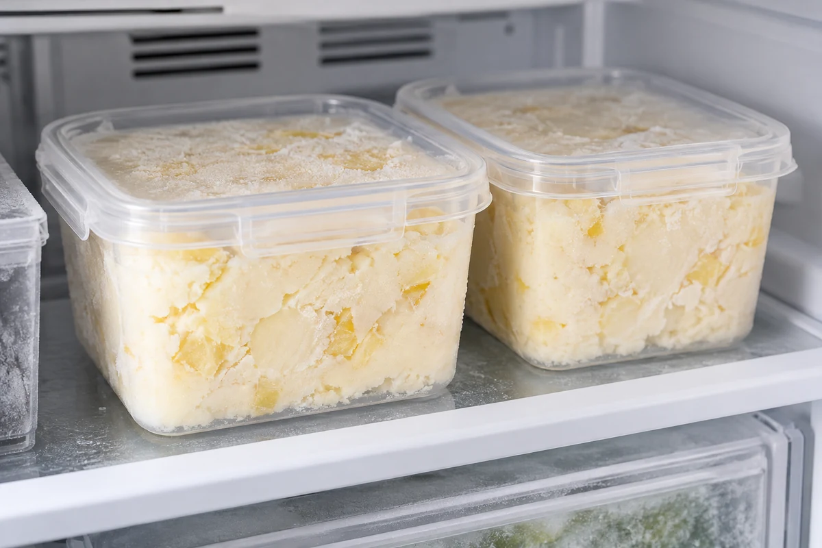 Covered tubs of pineapple frozen dessert in a freezer