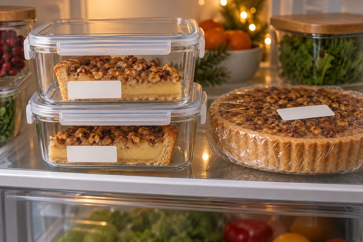 Covered walnut tart portions stored in the fridge
