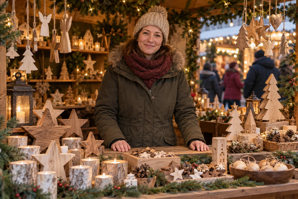 Craft seller displaying wooden Christmas stars