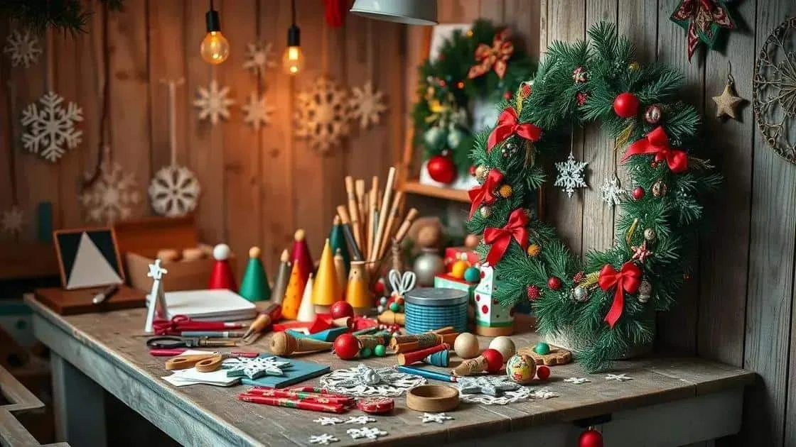Craft supplies beside a handmade-style Christmas wreath