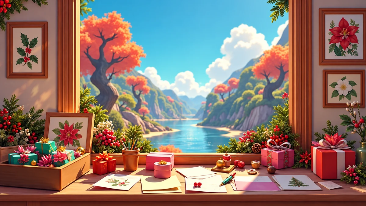 Craft table with botanical prints and a landscape view