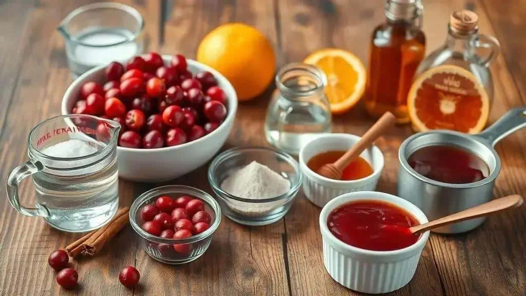 Cranberries, orange, sugar and spices for homemade cranberry sauce