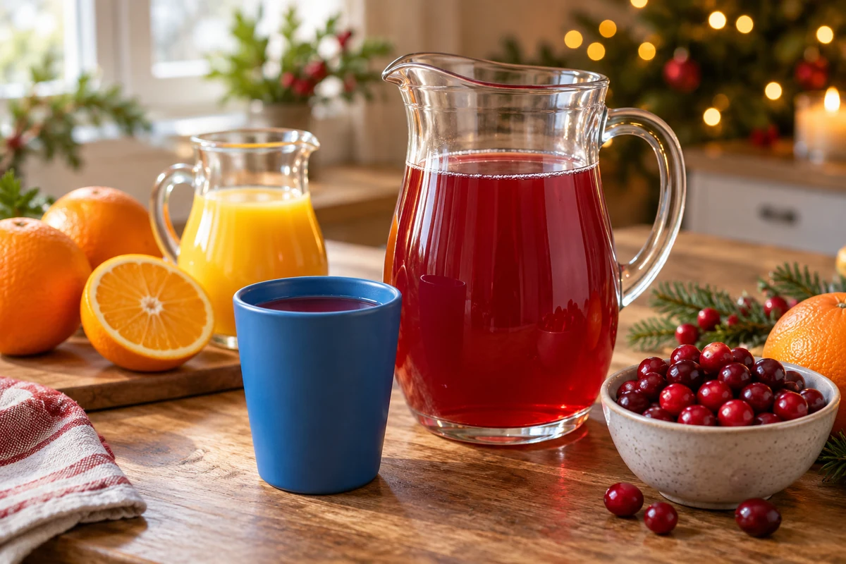 Cranberry and orange juice ingredients with a small blue cup