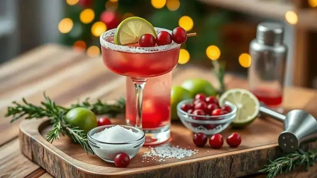 Cranberry margarita garnished with lime and berries