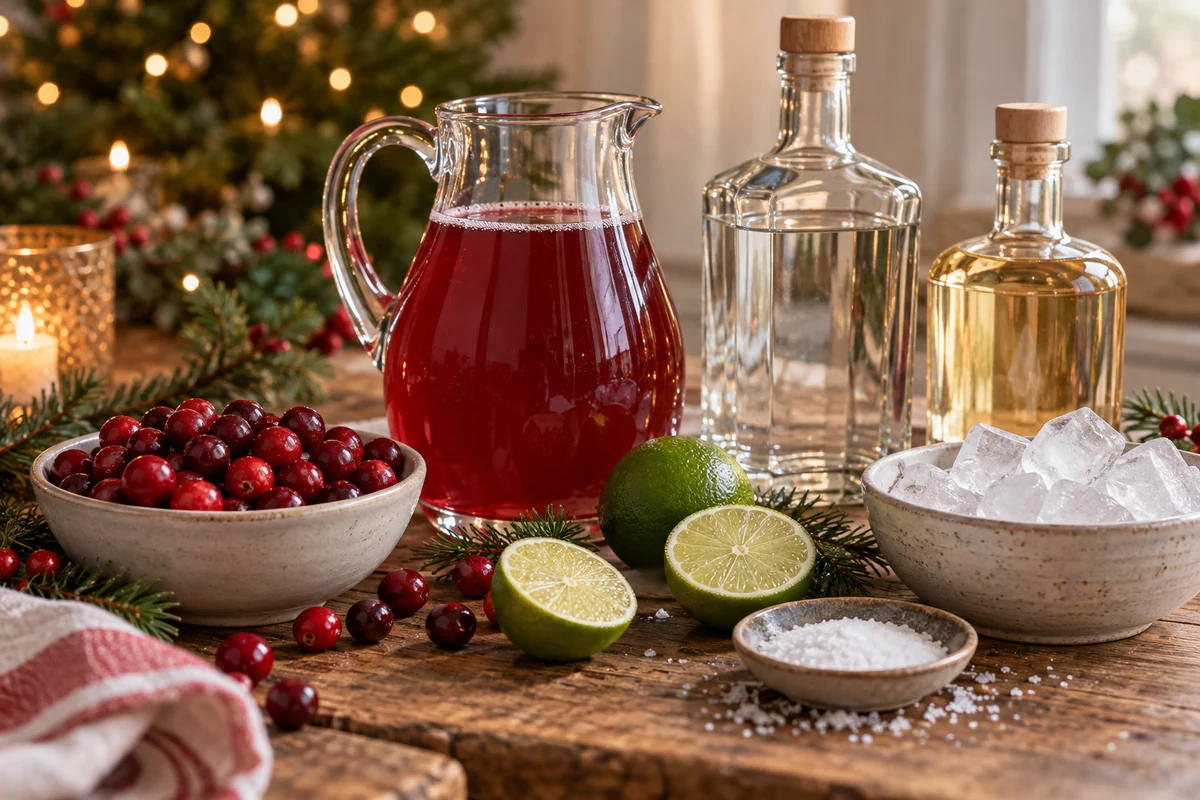 Cranberry margarita ingredients with limes, ice and spirit bottles