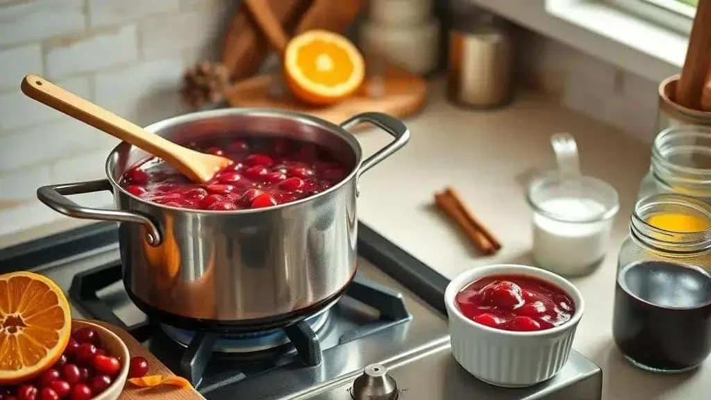 Cranberry sauce simmering in a saucepan with a wooden spoon