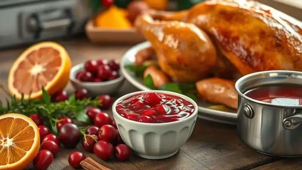 Cranberry sauce with berries and orange beside roast turkey Cranberry sauce with berries and orange beside roast turkey