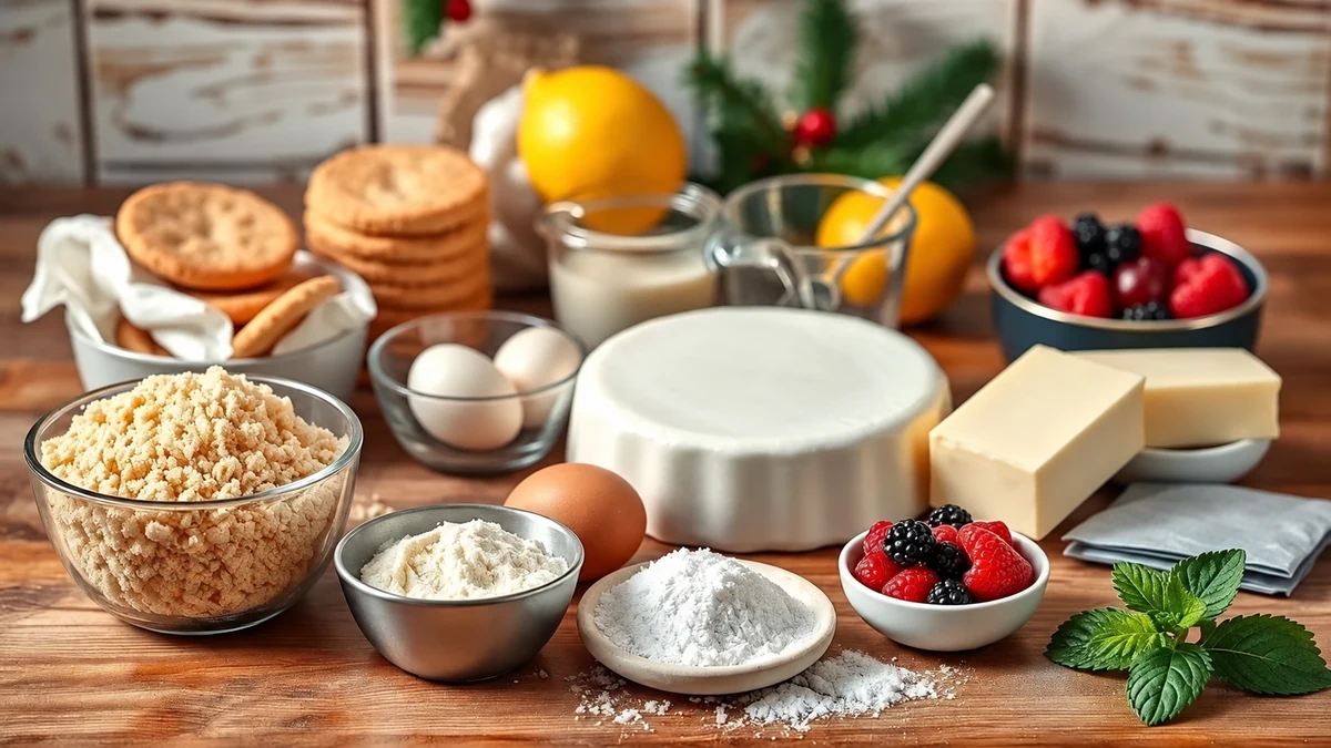 Cream cheese, biscuits, butter and berries for Christmas cheesecake