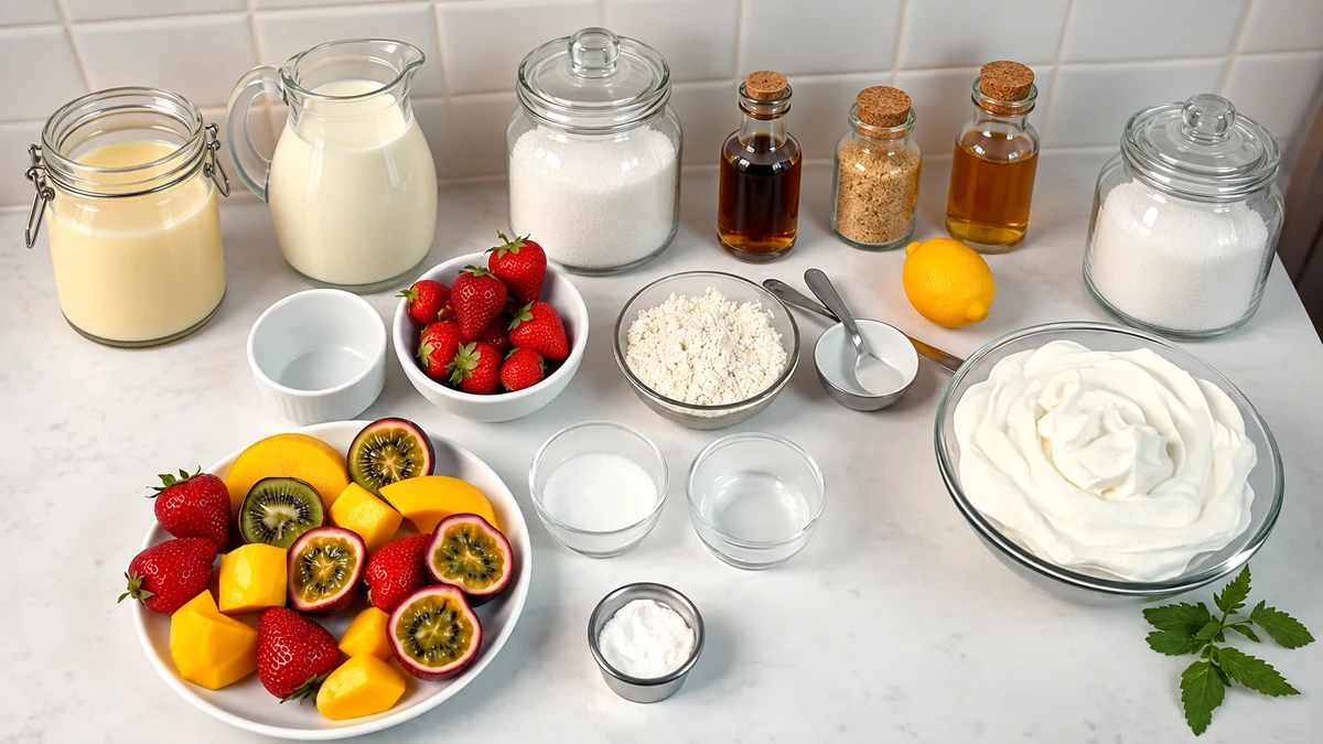 Cream cheese, fruit and dairy ingredients for a chilled tart