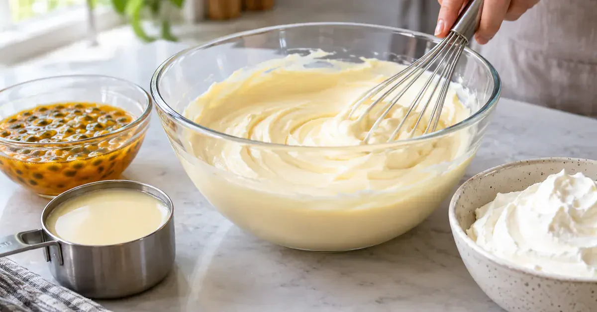 Cream mixture being whisked beside passion fruit pulp