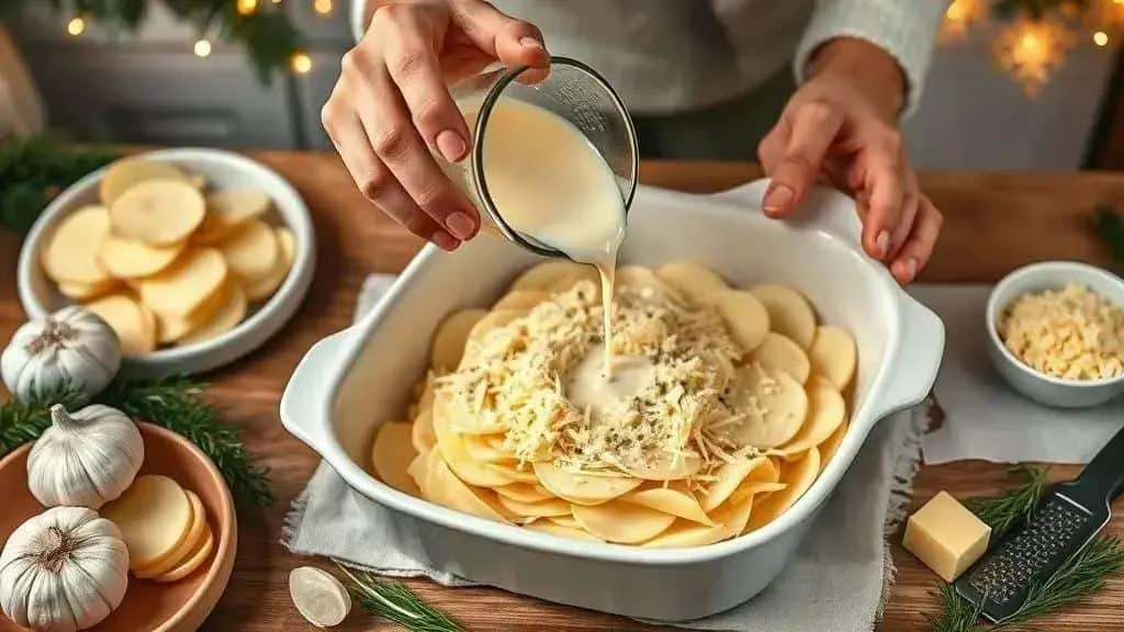Cream poured over thin potato slices in a baking dish