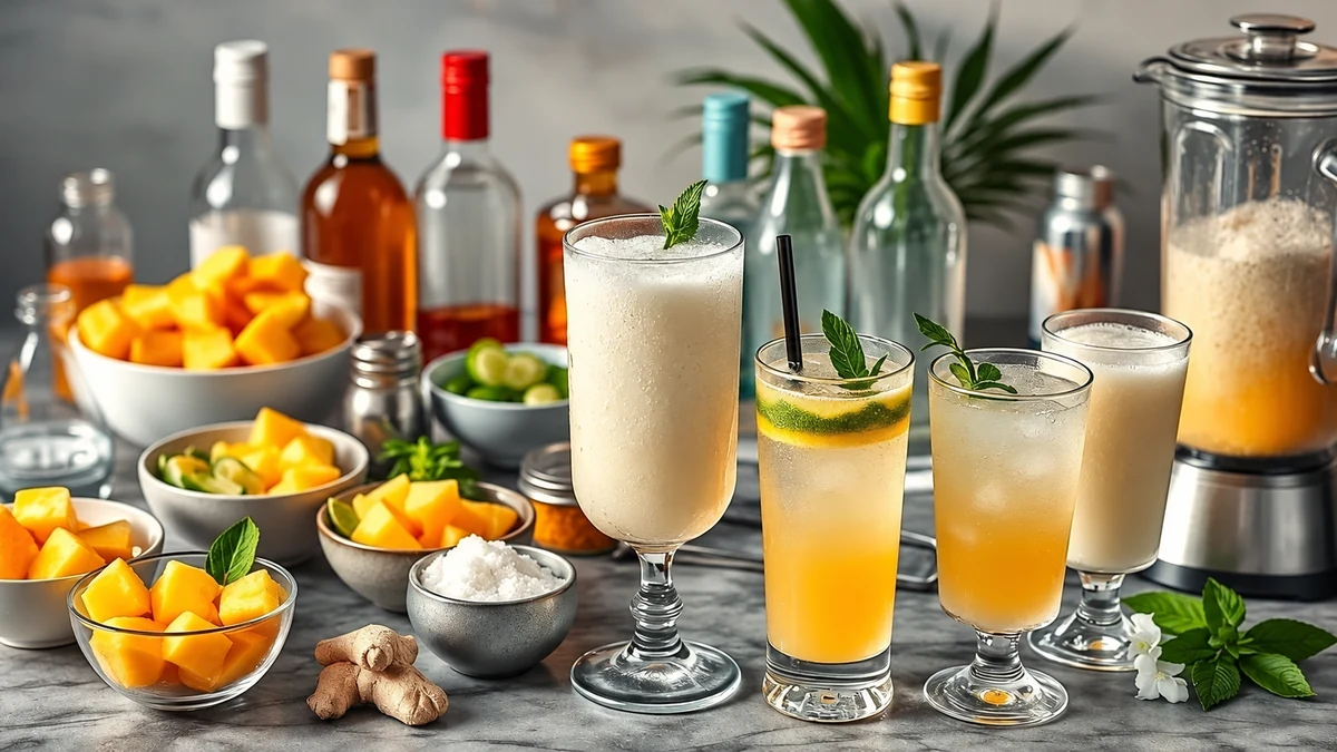 Creamy and golden tropical drinks with mango and ginger