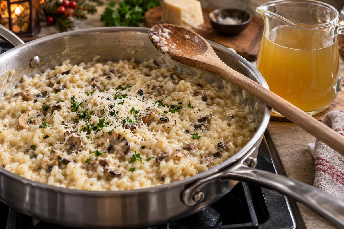 Creamy arborio risotto cooking beside a jug of hot stock