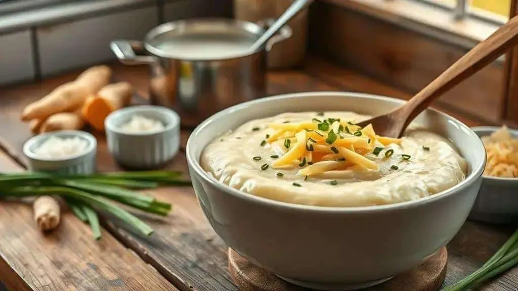 Creamy arracacha mash topped with cheese and chives