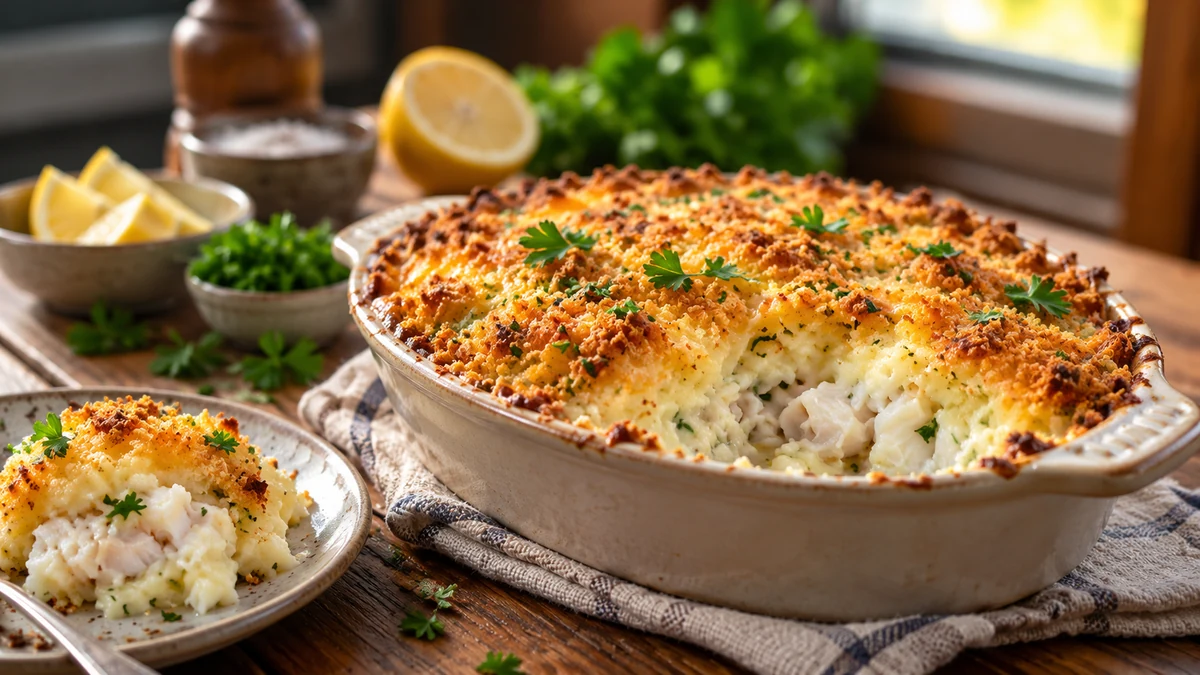 Creamy baked salt cod and potato gratin