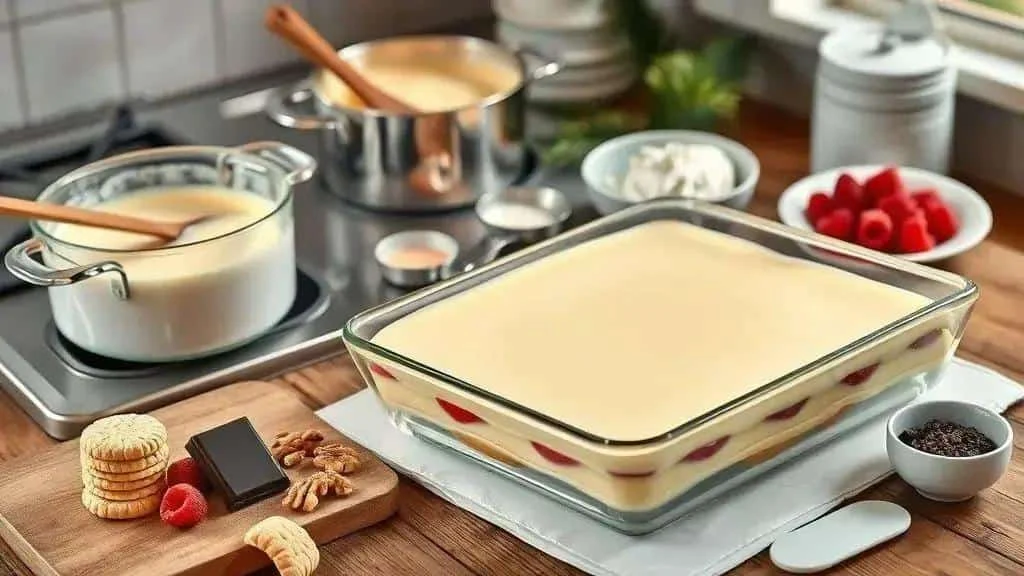 Creamy biscuit and fruit dessert being assembled in a glass dish Creamy biscuit and fruit dessert being assembled in a glass dish