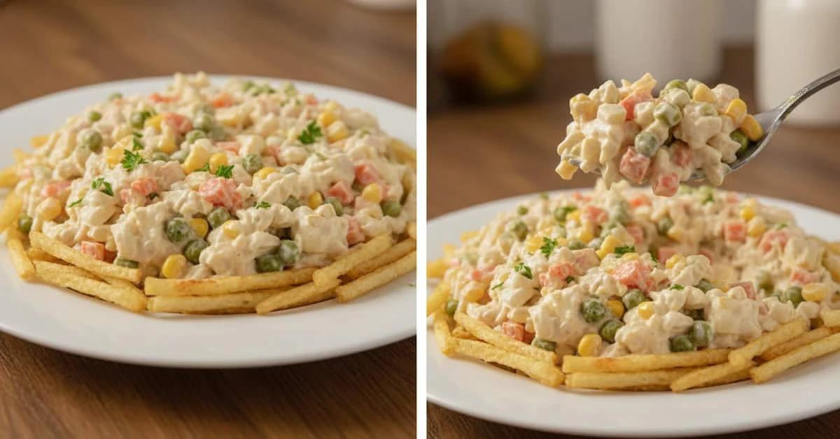 Creamy Brazilian chicken salad with potato sticks